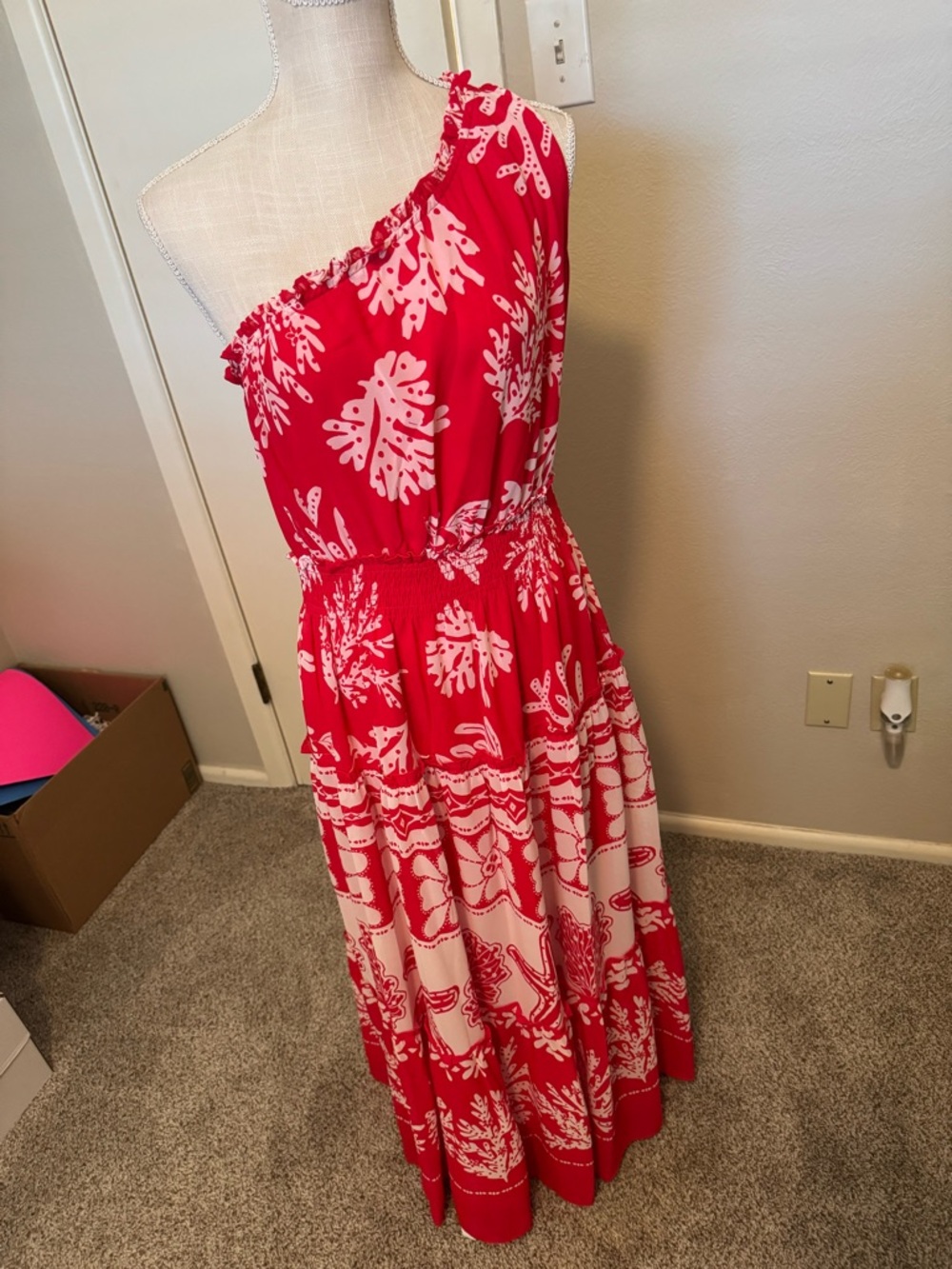 Taylor One-Shoulder Red and White Floral Maxi Dress